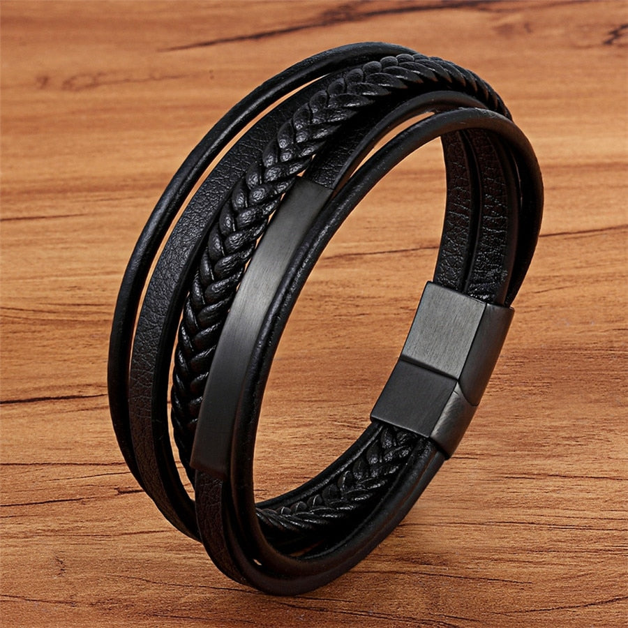 Bracelet Multi-layer Hand-woven Steel Black Men