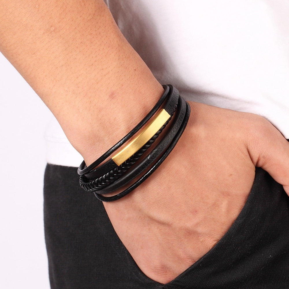 Bracelet Multi-layer Hand-woven Steel Black Men